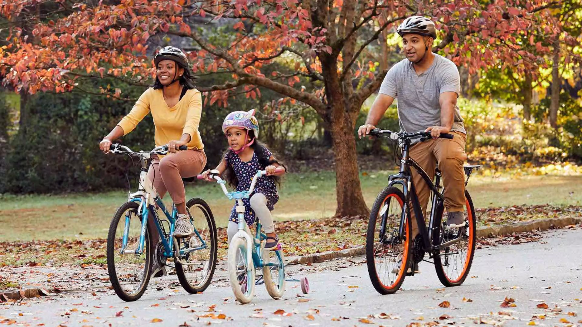 a family biking showing an outdoor experience 