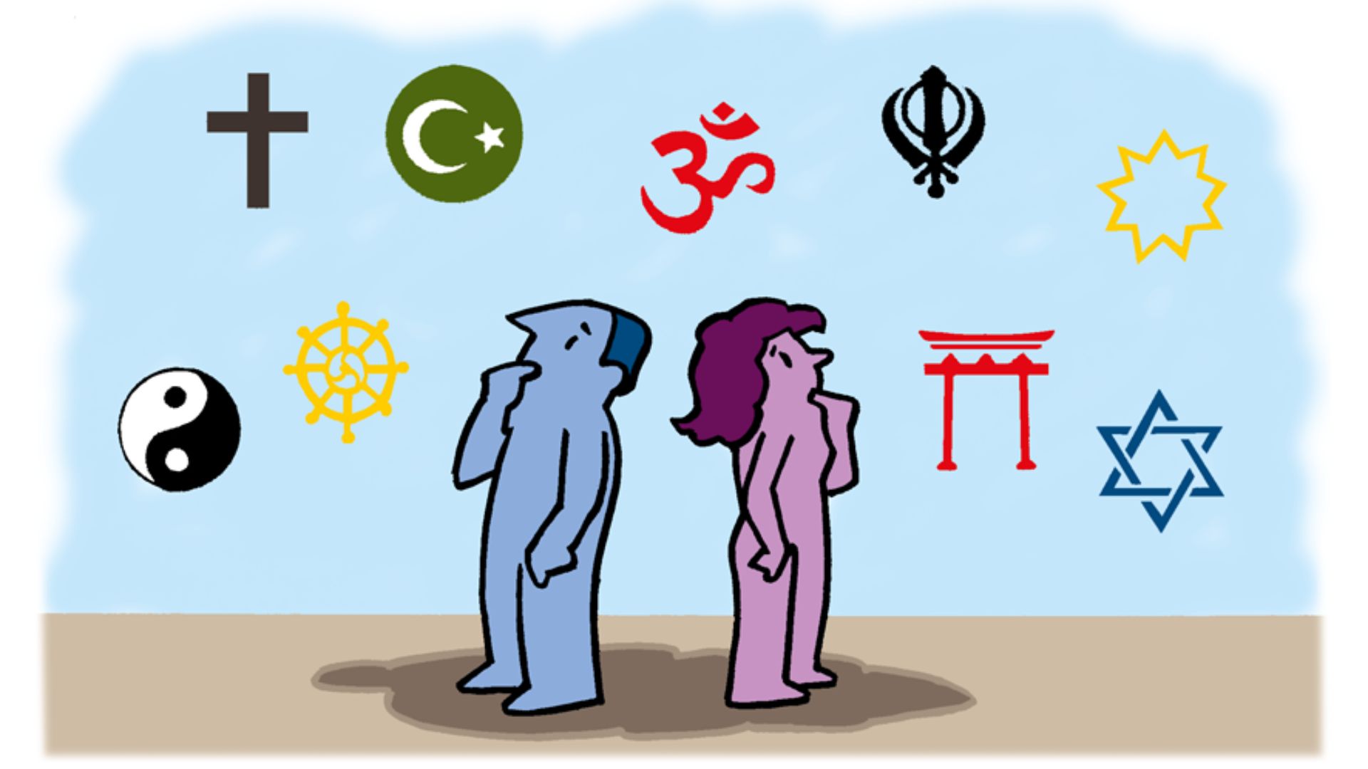 two images of people standing and signs of different religions